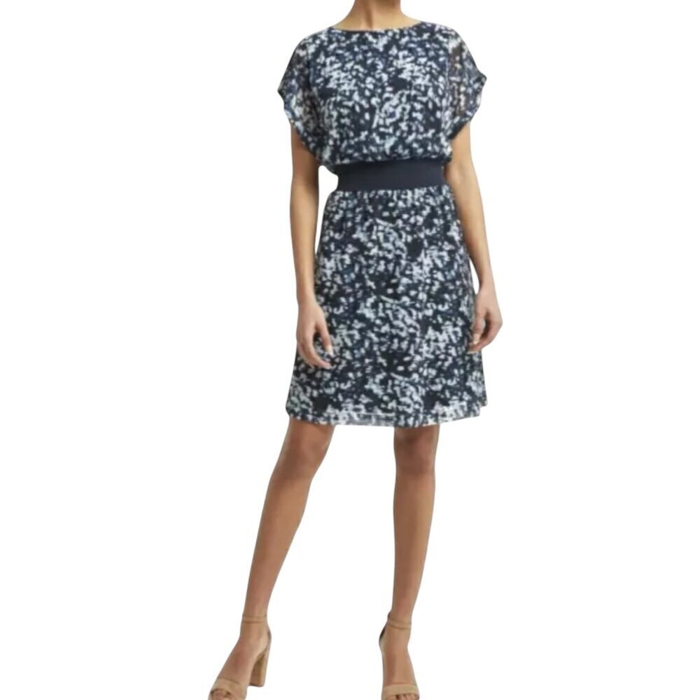 H by Halston Layered Dress, Brush Stroke Blue Sky Cap Sleeves Women's Size M